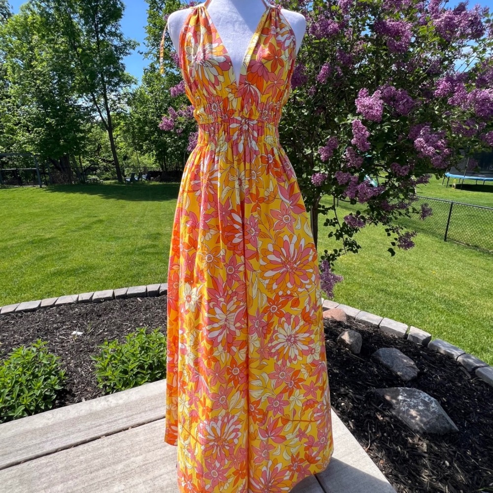 J.Crew Floral Maxi Dress Cotton Pockets Retro Resort Palm Beach‎ XS